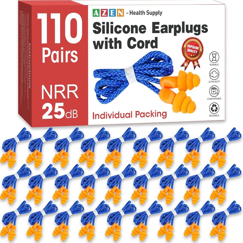 AZEN 110 Pairs Silicone Ear Plugs, Reusable Earplugs for Noise Reduction, 25dB NRR Corded Ear Plug for Sleeping Noise Cancelling, Ear Plug with String Individual Packing - Image 1